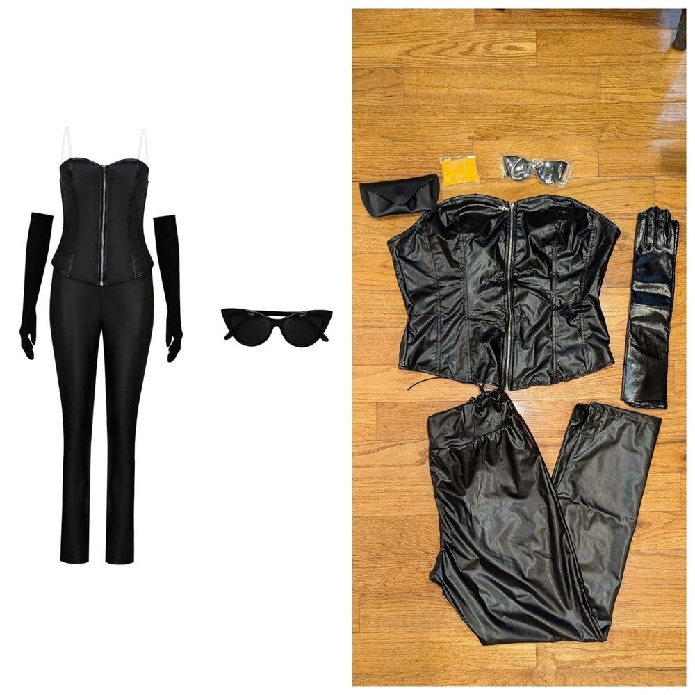 90s‎ Movie Vixen Siren Faux Leather Cosplay Costume Sexy XXL Black Corset Gloves
